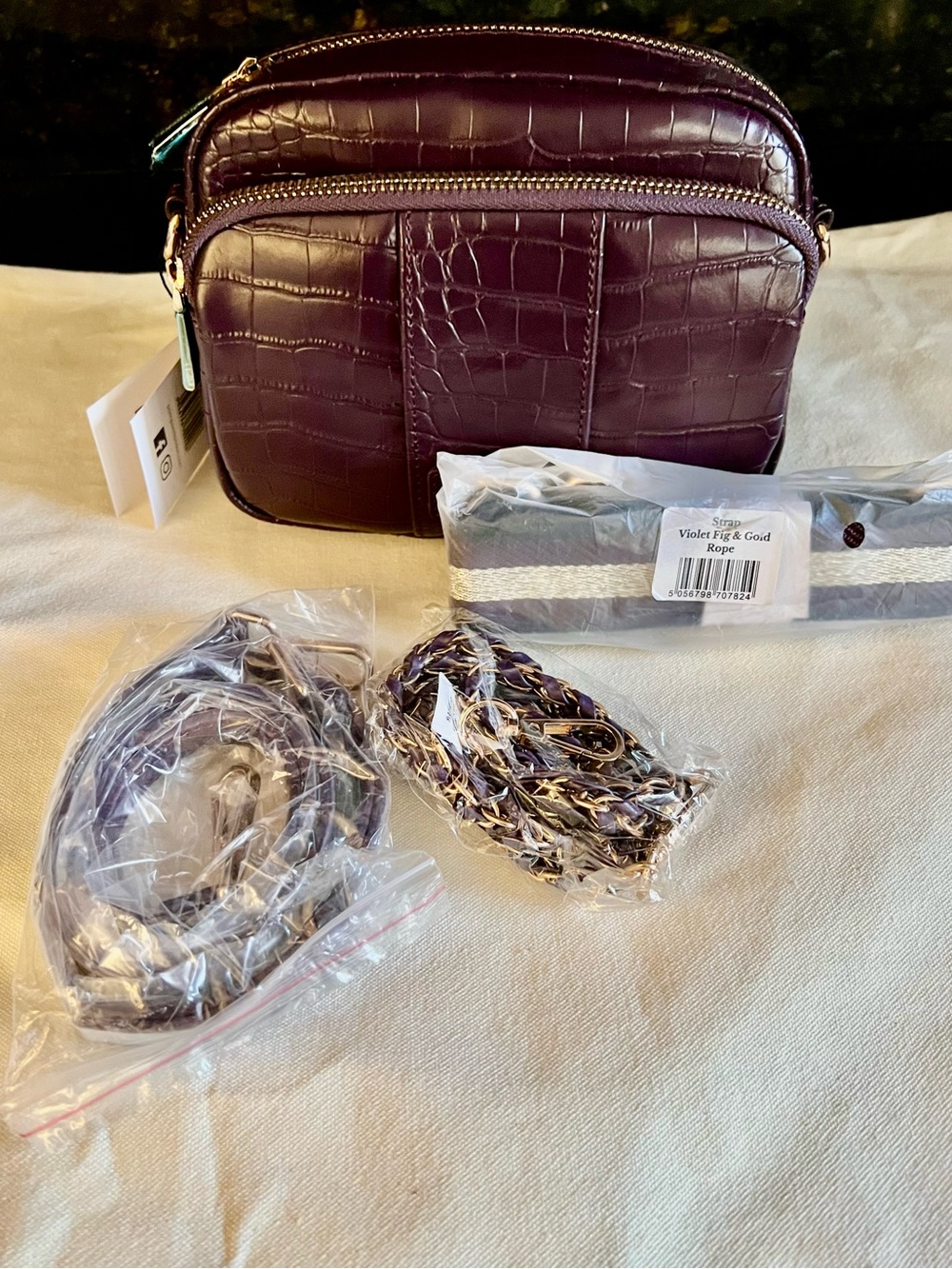 NWT Pom Pom London Violet Fig Croc-Embossed Original Crossbody Bag